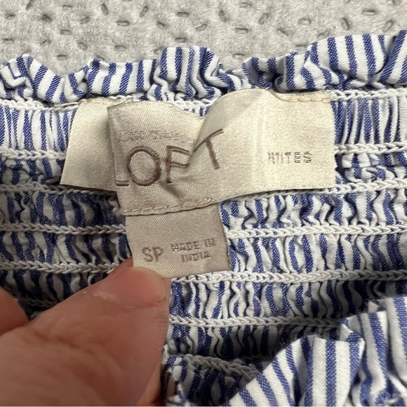Loft Blue & White Striped Ruffle Embroidered Off the Shoulder Blouse Small P - Picture 4 of 5